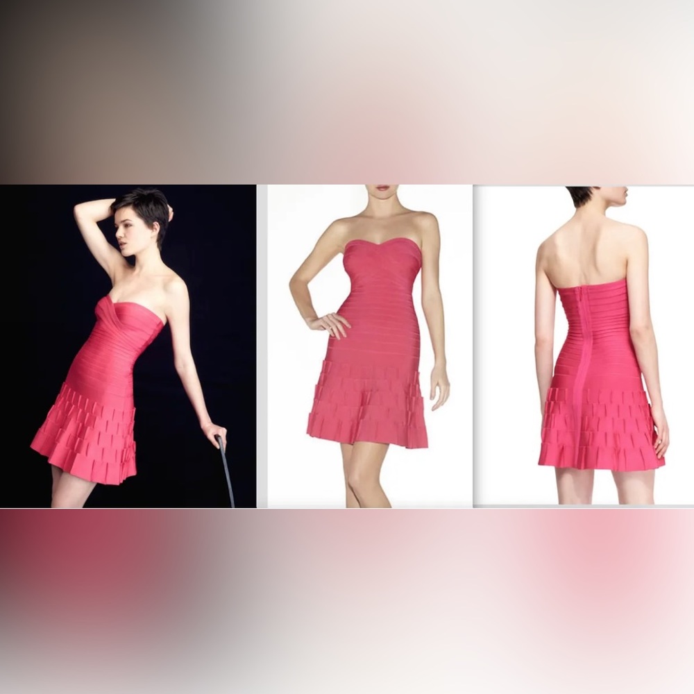 HOT Herve Leger Arlene Strapless Scallop Pleated Pink Bandage Dress $1200+tax!
